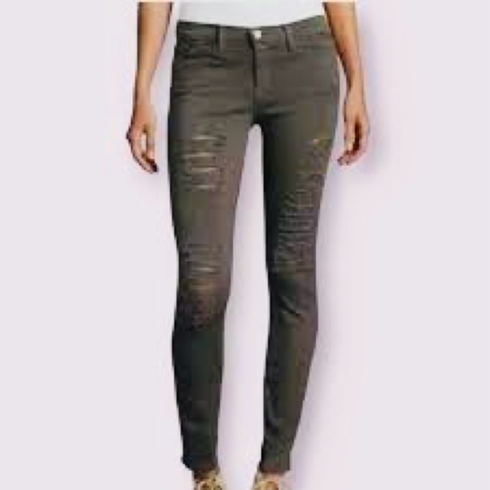 Frame Le Skinny De Jeanne Forest Green Distressed Skinny Jeans